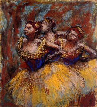 Edgar Degas : Three Dancers Yellow Skirts, Blue Blouses